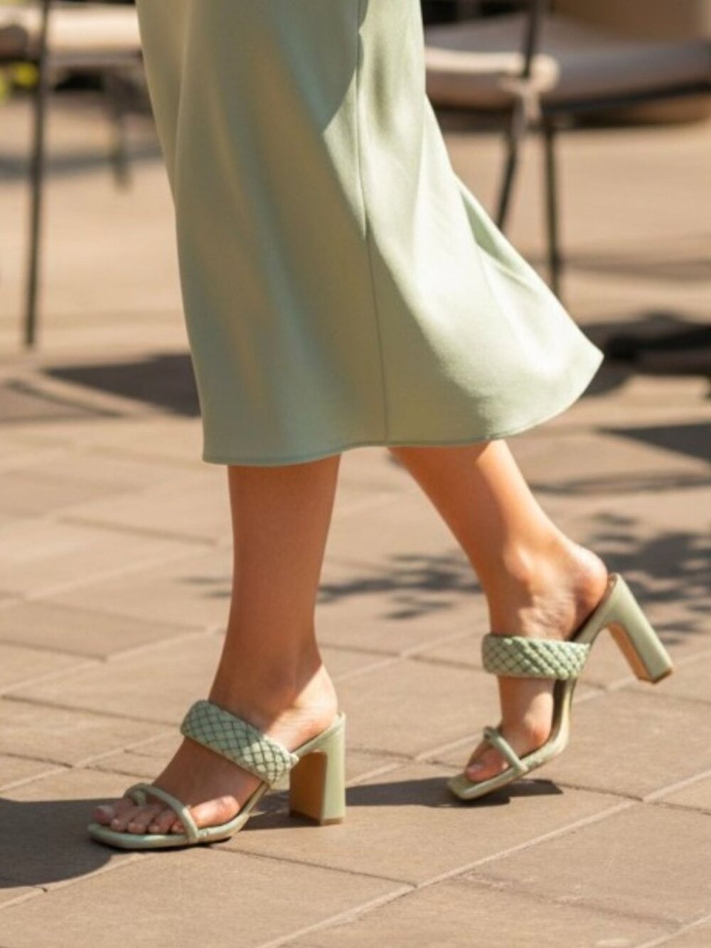 Woven Strap Block Heel Sandals Sage Green Square Toe Slip-On Design Womens Footw